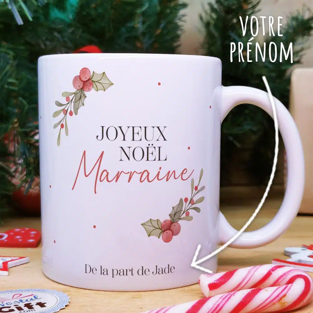 Mug “Joyeux Noël Marraine” personnalisé – Cadeau Noël