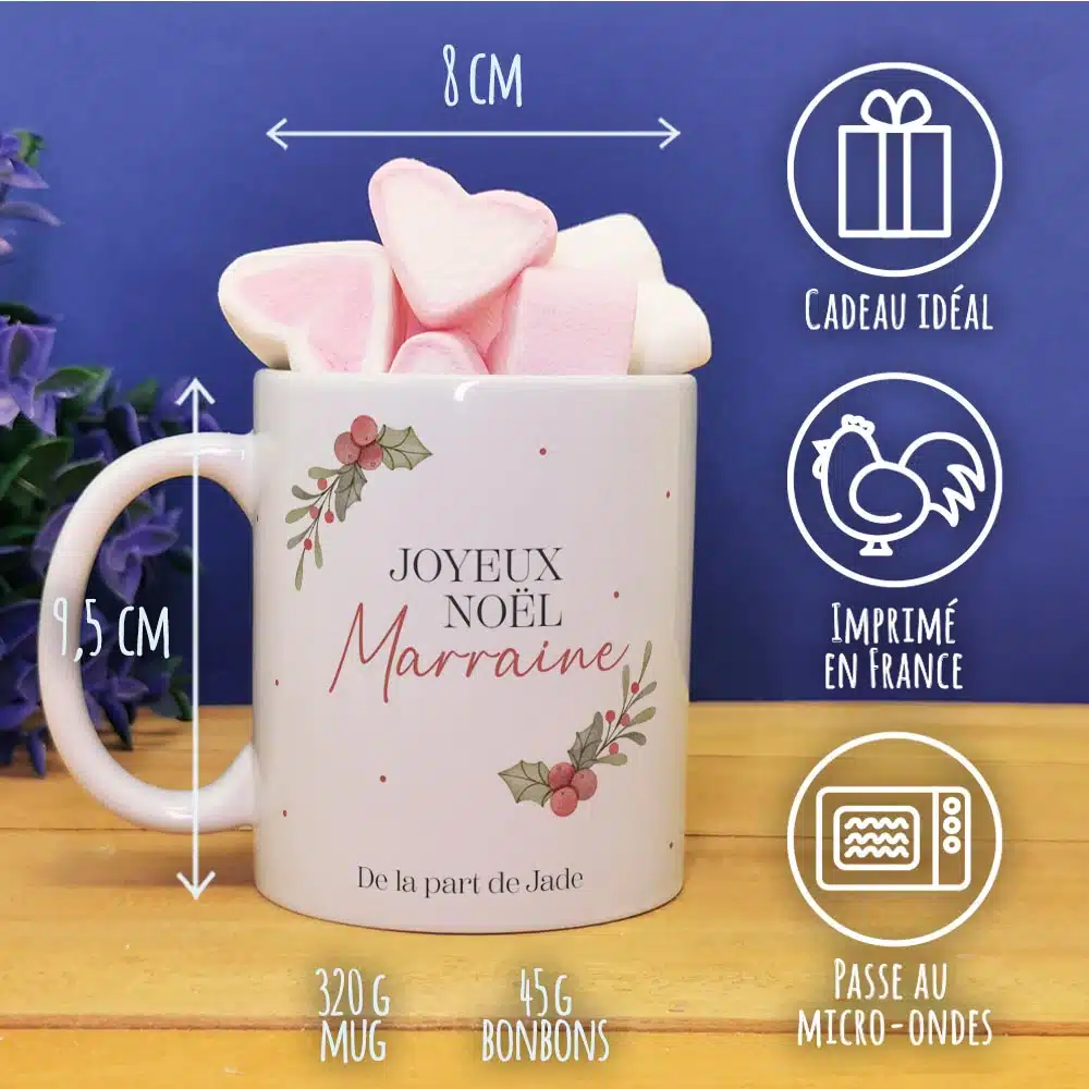Mug “Joyeux Noël Marraine” personnalisé et ses guimauves coeurs x10 – Cadeau Noël – Image 4