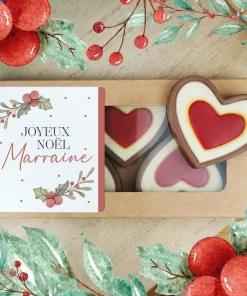 Cœurs au chocolat au lait rouge et blanc x4 “Joyeux Noël Marraine” – Cadeau Noël