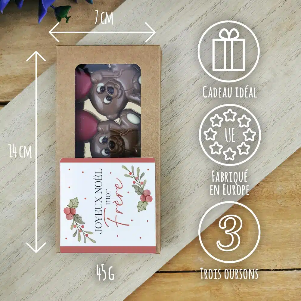 Oursons au chocolat au lait x3 “Joyeux Noël mon frère” – Cadeau Noël – Image 3