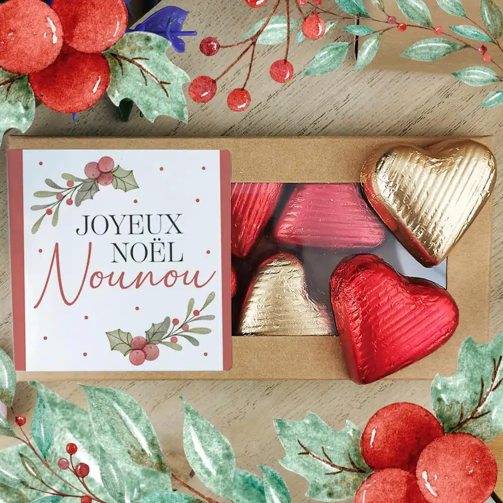 Cœurs au chocolat au lait et chocolat noir praliné x8 “Joyeux Noël Nounou” – Cadeau Noël