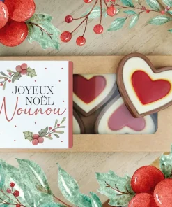 Cœurs au chocolat au lait rouge et blanc x4 “Joyeux Noël Nounou” – Cadeau Noël