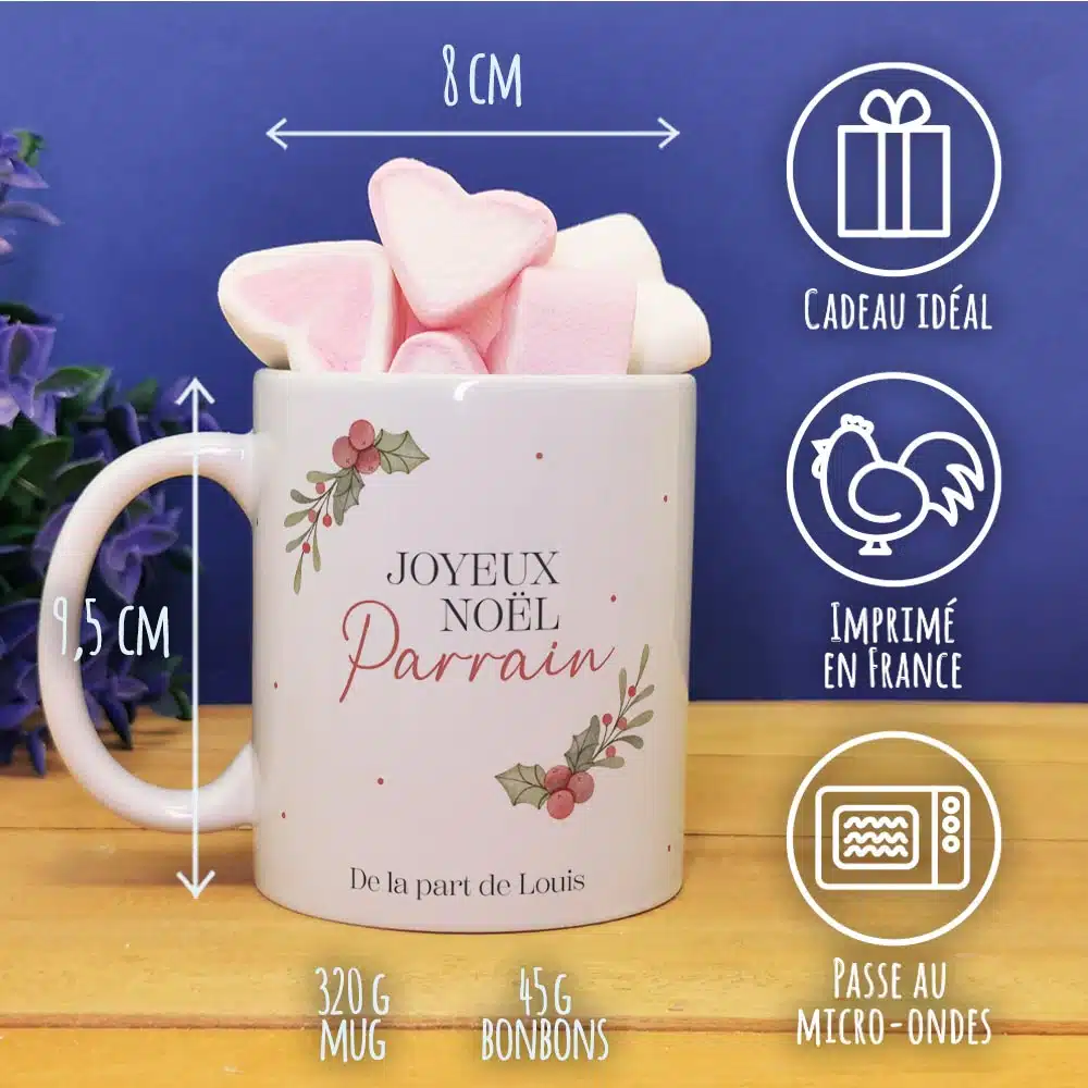 Mug “Joyeux Noël Parrain” personnalisé et ses guimauves coeurs x10 – Cadeau Noël – Image 4
