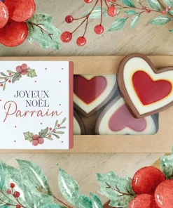 Cœurs au chocolat au lait rouge et blanc x4 “Joyeux Noël Parrain” – Cadeau Noël