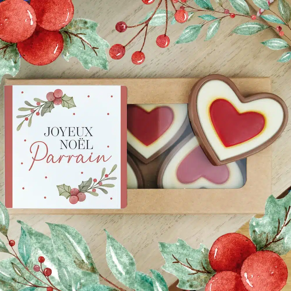 Cœurs au chocolat au lait rouge et blanc x4 “Joyeux Noël Parrain” – Cadeau Noël
