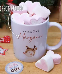Mug “Joyeux Noël ” personnalisé  et ses guimauves coeurs x10 – Rennes de Noël