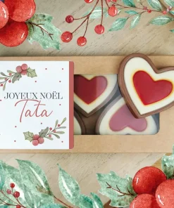 Cœurs au chocolat au lait rouge et blanc x4 “Joyeux Noël Tata” – Cadeau Noël