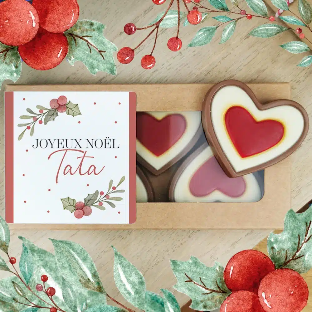 Cœurs au chocolat au lait rouge et blanc x4 “Joyeux Noël Tata” – Cadeau Noël