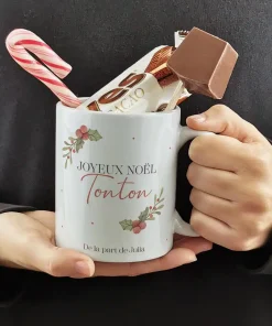 Mug “Joyeux Noël Tonton” personnalisé et ses confiseries rétro – Cadeau Noël