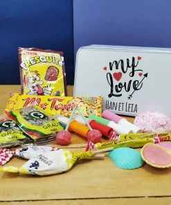 Coffret bonbons des années 70 “My Love” (Boîte en métal) – cadeau personnalisé