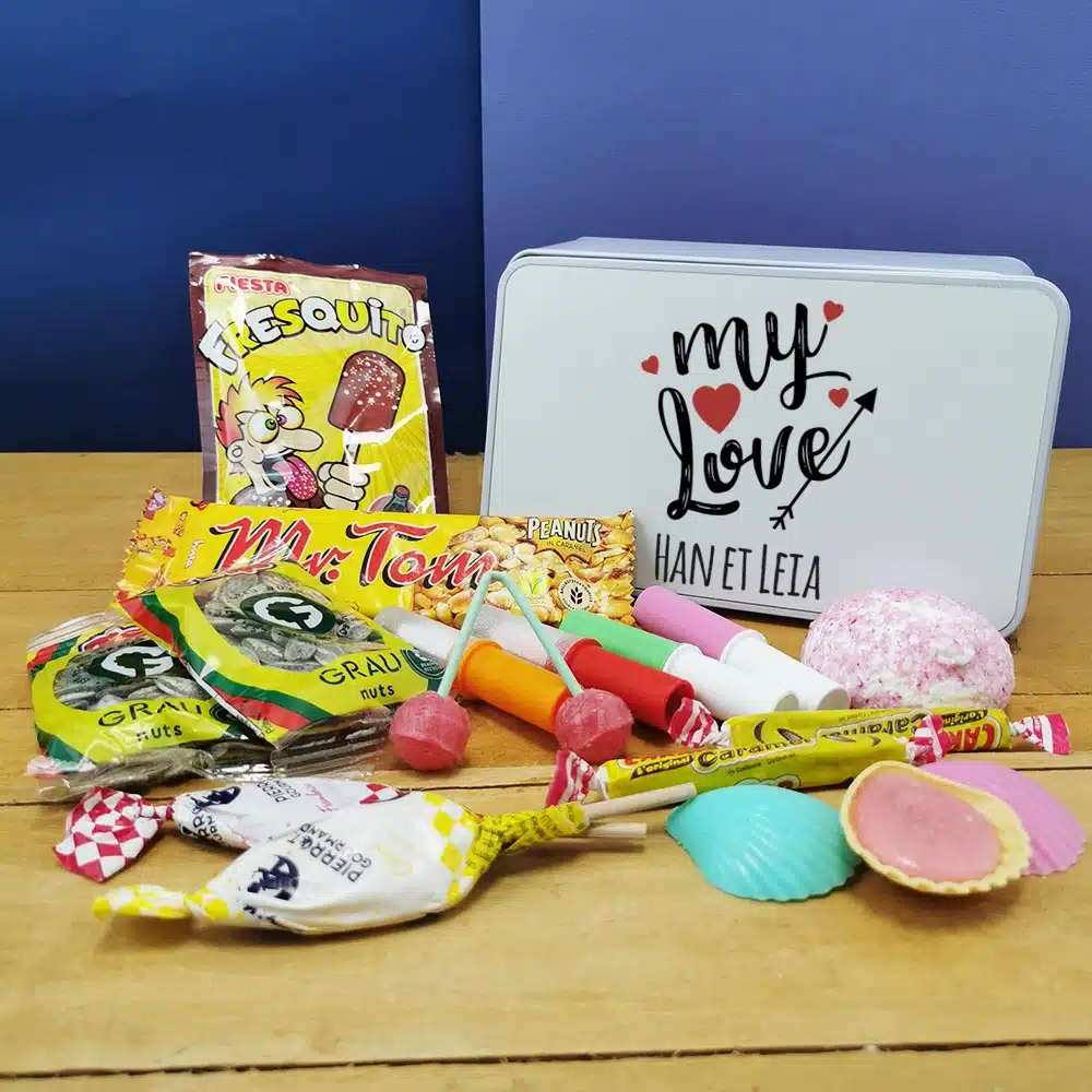 Coffret bonbons des années 70 “My Love” (Boîte en métal) – cadeau personnalisé