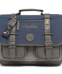 Cartable 38 cm vintage fantasy bleu et ses pin’s personnalisables – Caméléon – CP CE1 CE2