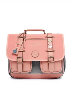 Cartable 38 cm vintage rose et ses pin’s personnalisable – Caméléon – CP CE1 CE2