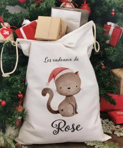 Hotte de Noël XXL personnalisée – “Les cadeaux de …” – Chat de Noël