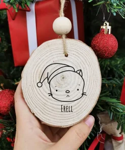 Boule de noël en bois – Personnalisé avec le prénom – Chat de Noël