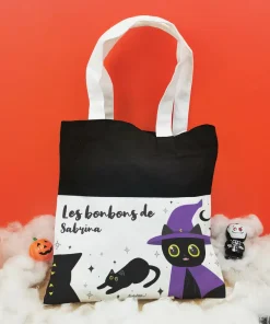 Sac Bonbon Chat noir d’Halloween personnalisé -” Les bonbons de…”