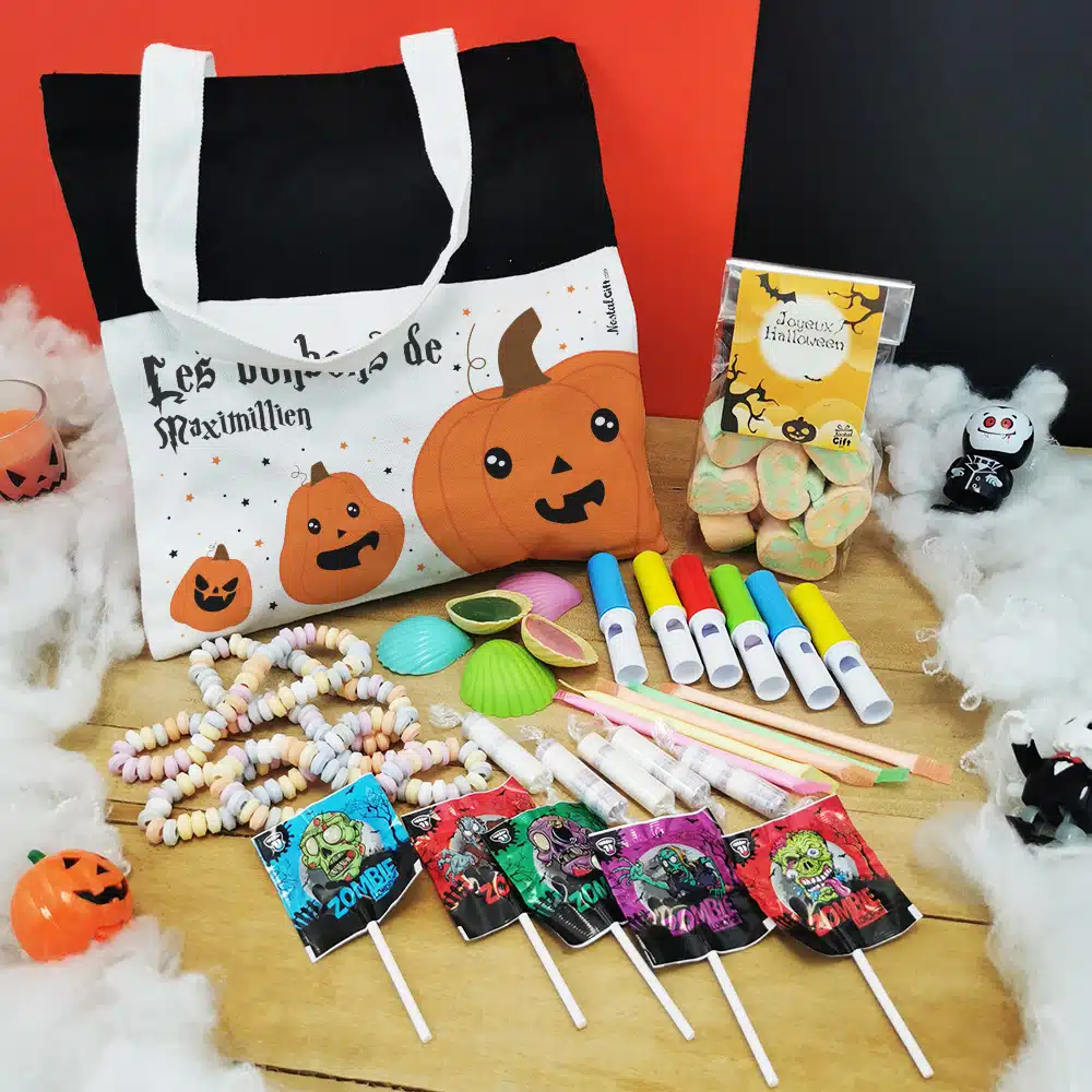 Sac Citrouille d’Halloween Personnalisé – “Les bonbons de …” rempli de bonbons – Image 2