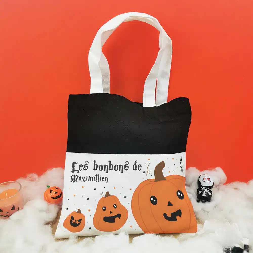 Sac Bonbon Citrouilles d’Halloween personnalisé -” Les bonbons de…”
