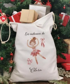 Hotte de Noël XXL personnalisée – “Les cadeaux de …” – Ballerine rose