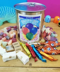 Coffret bonbon ancien : Boîte de conserve remplie de bonbons “Joyeux anniversaire”