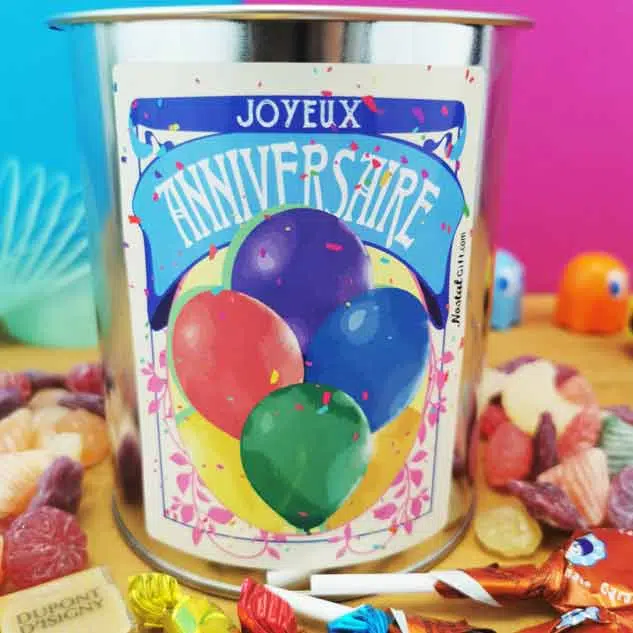 Coffret bonbon ancien : Boîte de conserve remplie de bonbons “Joyeux anniversaire” – Image 2