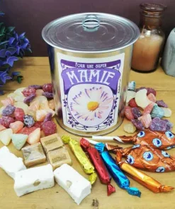 Coffret bonbon ancien : Boite de conserve remplie de bonbons “Pour une super mamie”