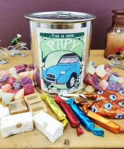 Coffret bonbon ancien : Boîte de conserve remplie de bonbons “Pour un super papy”