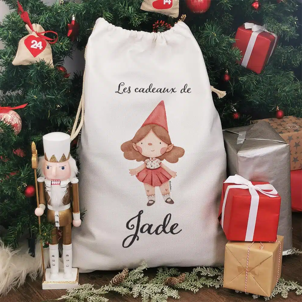 Hotte de Noël XXL personnalisée – “Les cadeaux de …” – Lutin (Fille) – Image 2