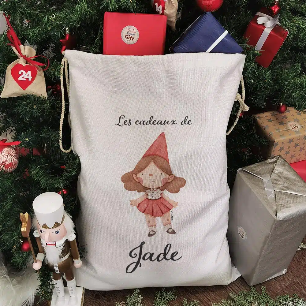 Hotte de Noël XXL personnalisée – “Les cadeaux de …” – Lutin (Fille) – Image 4