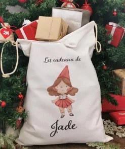Hotte de Noël XXL personnalisée – “Les cadeaux de …” – Lutin (Fille)