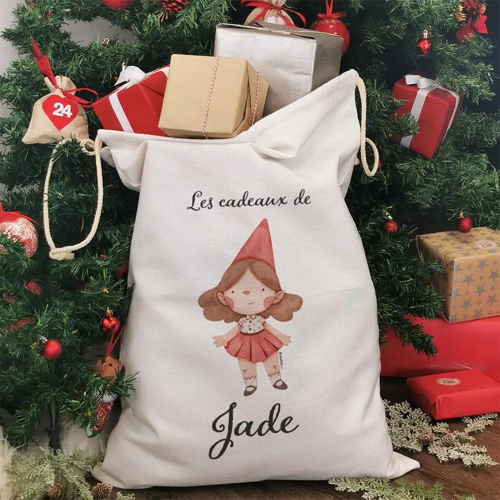 Hotte de Noël XXL personnalisée – “Les cadeaux de …” – Lutin (Fille)
