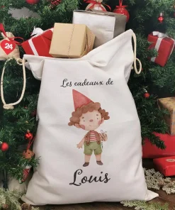 Hotte de Noël XXL personnalisée – “Les cadeaux de …” – Lutin (Garçon)
