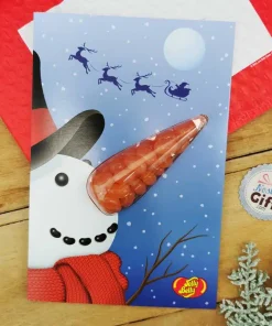 Jelly Belly – Carte de voeux Jelly Belly goût mandarine – Bonhomme de neige