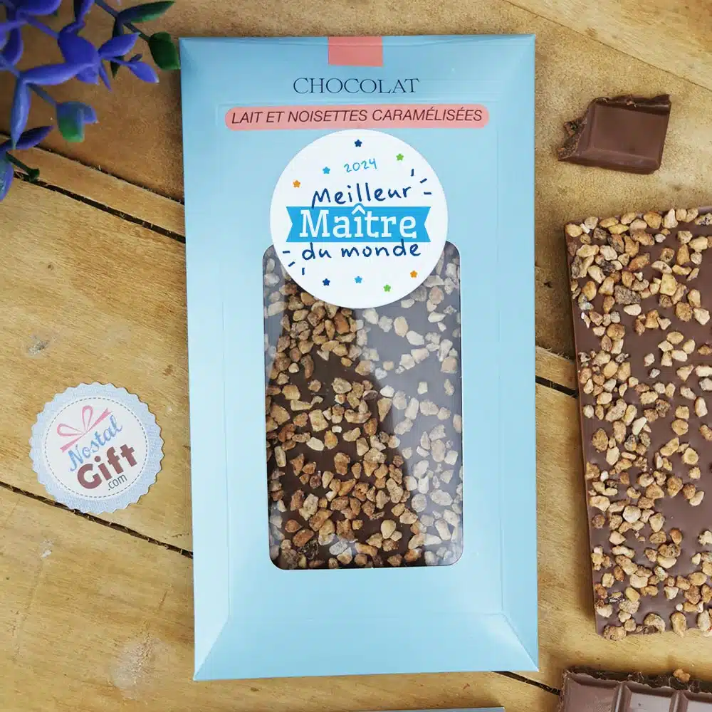 Tablette Chocolat Lait et Noisettes Caramélisées “Meilleur Maître du monde” made in France (Maison Guinguet) – Cadeau Maître