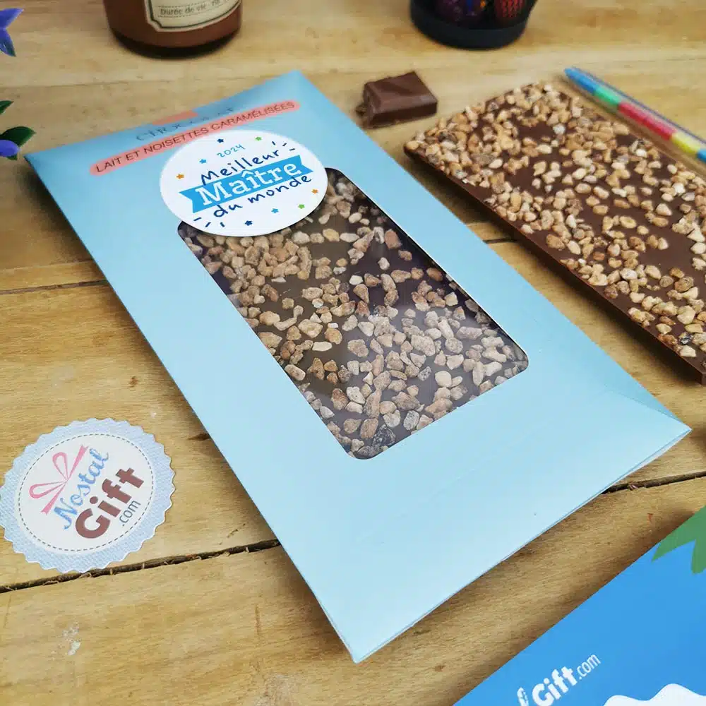 Tablette Chocolat Lait et Noisettes Caramélisées “Meilleur Maître du monde” made in France (Maison Guinguet) – Cadeau Maître – Image 5