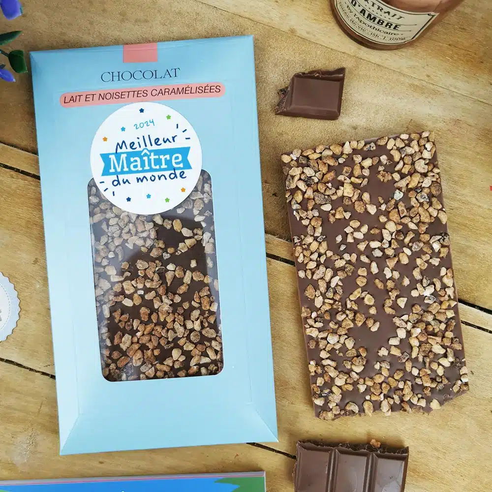 Tablette Chocolat Lait et Noisettes Caramélisées “Meilleur Maître du monde” made in France (Maison Guinguet) – Cadeau Maître – Image 2