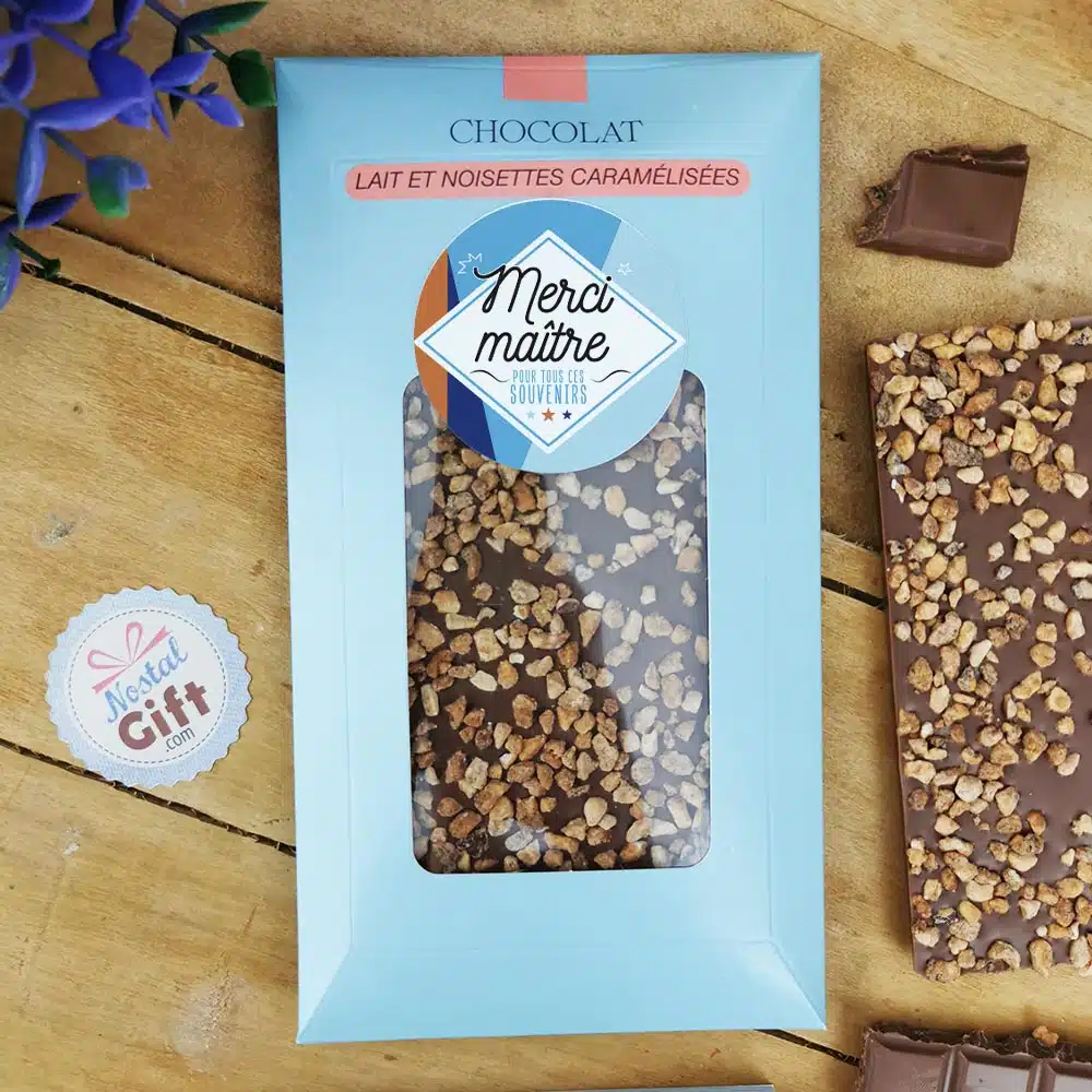 Tablette Chocolat Lait et Noisettes Caramélisées “Merci Maître ” made in France (Maison Guinguet) – Cadeau Maître