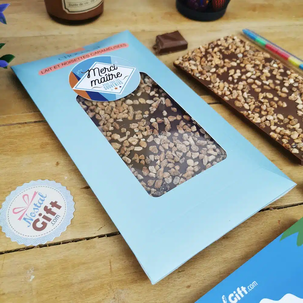 Tablette Chocolat Lait et Noisettes Caramélisées “Merci Maître ” made in France (Maison Guinguet) – Cadeau Maître – Image 5