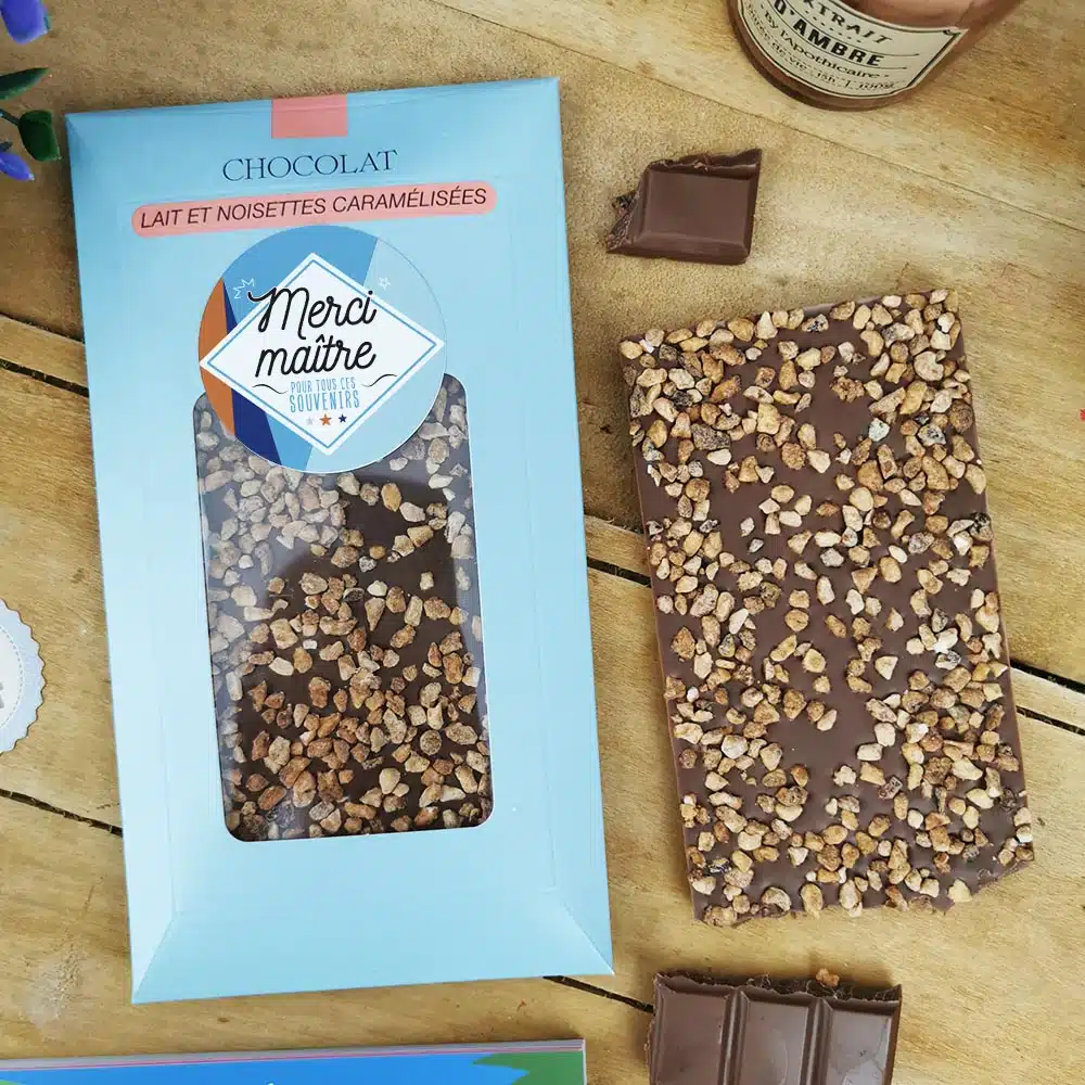 Tablette Chocolat Lait et Noisettes Caramélisées “Merci Maître ” made in France (Maison Guinguet) – Cadeau Maître – Image 2