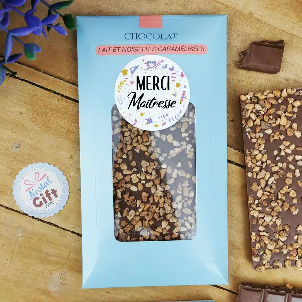Tablette Chocolat Lait et Noisettes Caramélisées “Merci Maîtresse ” made in France (Maison Guinguet) – Cadeau Maîtresse