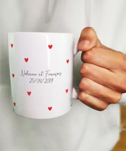 Mug “petit coeur” personnalisé (Prénom + date) – Cadeau pour couple