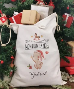 Hotte de Noël XXL personnalisée – Mon premier Noël – Lapin de noël