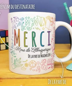 Mug personnalisable – “Merci” – Collection arc-en-ciel – cadeau maitresse, Atsem, Nounou…