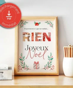 Cadeau argent noël “RIEN” affiche message surprise pour billets à offrir – a imprimer