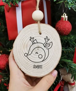 Boule de noël en bois – Personnalisé avec le prénom – Renne de Noël