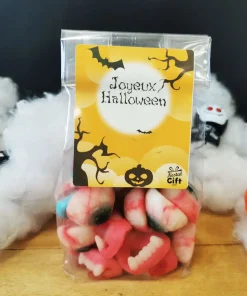 Sachet de Bonbons gélifiés Halloween : 10 Yeux gélifiés, 10 cerveaux roses et bleus et 10 dentier de vampire gélifiés