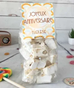 Sachet Bonbon des années 60  personnalisé – 15 nougats tendres – “Joyeux anniversaire”