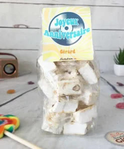 Sachet Bonbon des années 70 personnalisé – 15 nougats tendres – “Joyeux anniversaire”