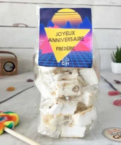 Sachet Bonbon des années 80  personnalisé – 15 nougats tendres – “Joyeux anniversaire”