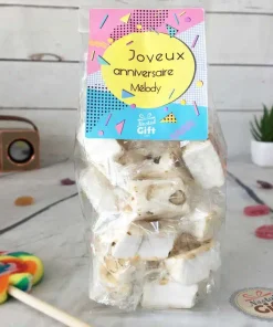 Sachet Bonbon des années 90  personnalisé – 15 nougats tendres – “Joyeux anniversaire”